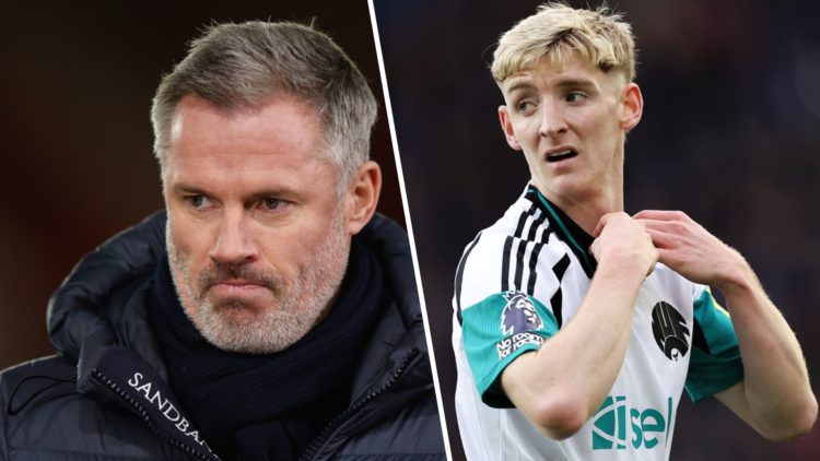 Jamie Carragher speaks as a pundit. Anthony Gordon playing for Newcastle United against Everton.
