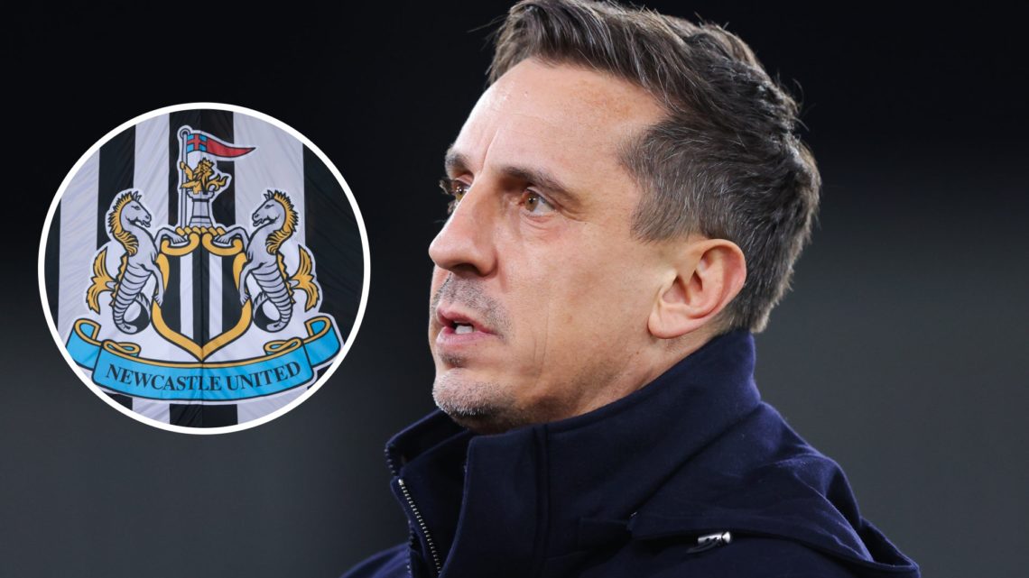 Gary Neville on punditry duty, Newcastle United badge on a black and white flag