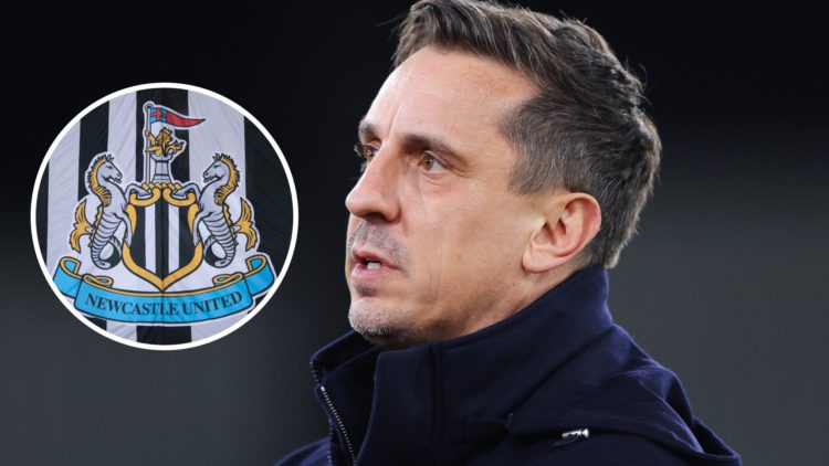 Gary Neville on punditry duty, Newcastle United badge on a black and white flag