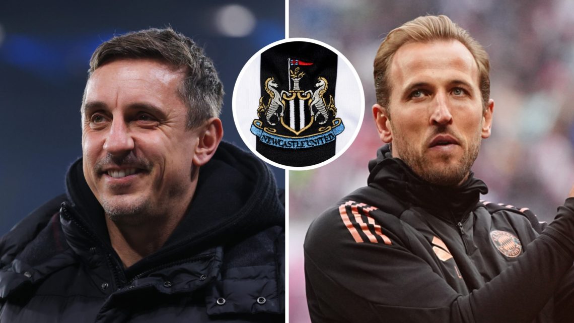 Gary Neville doing punditry, Harry Kane claps the Bayern Munich fans, Newcastle United badge