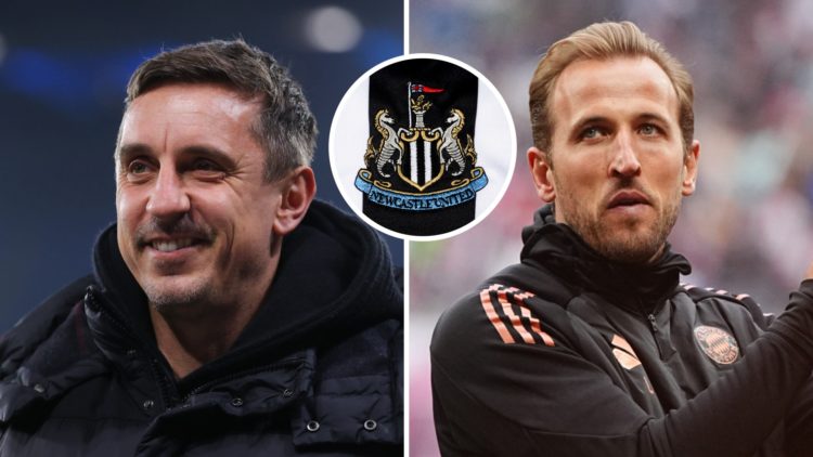 Gary Neville doing punditry, Harry Kane claps the Bayern Munich fans, Newcastle United badge