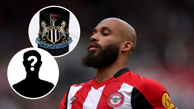 Bryan Mbeumo of Brentford in action during the Premier League match between Brentford FC and Manchester United FC. Inset: The Newcastle United badge