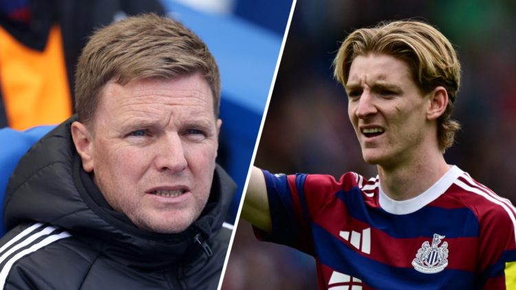 Eddie Howe managing Newcastle United, Anthony Gordon gestures whilst playing for Newcastle United against Brighton
