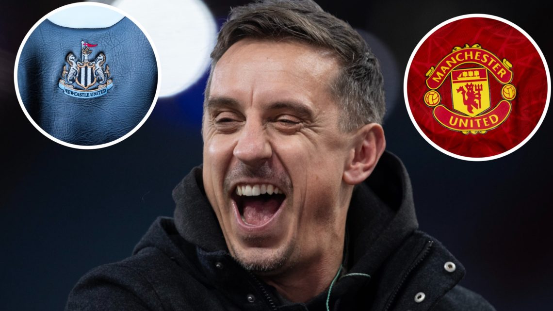 Gary Neville speaking as a pundit. Newcastle United and Manchester United club badges.