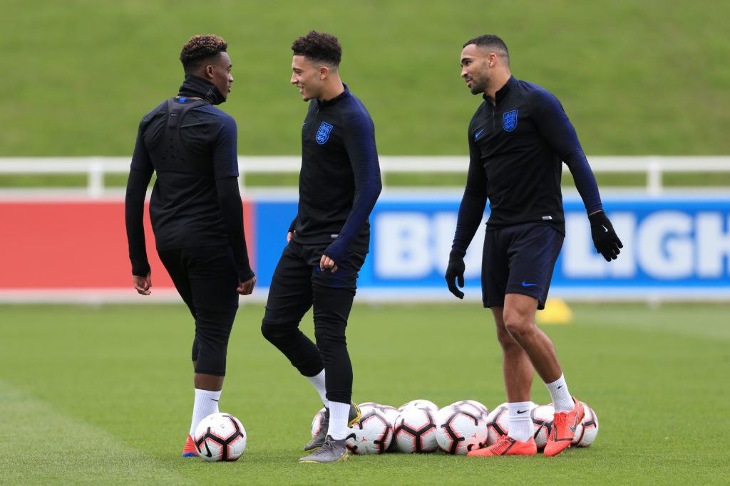 Callum Hudson-Odoi, Jadon Sancho and Callum Wilson during England training.
