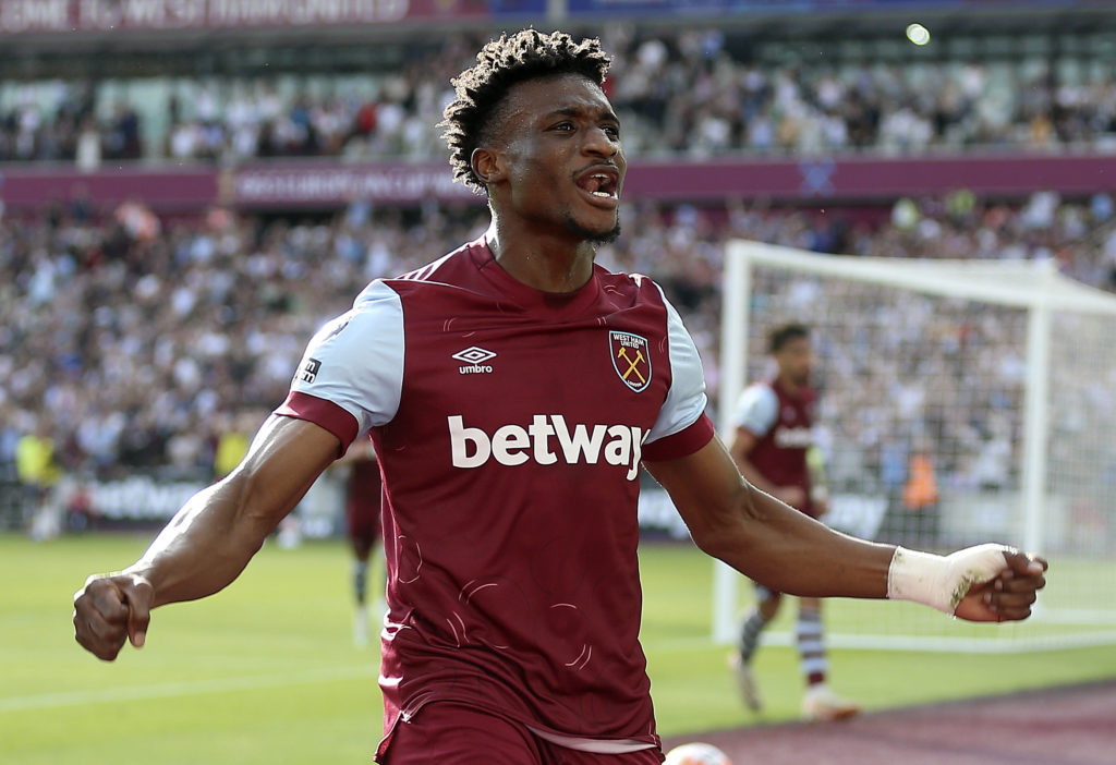 Mohammed Kudus celebrates after scoring for West Ham United against Newcastle United at the London Stadium.