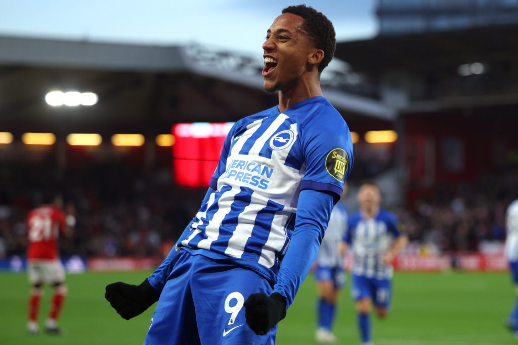 Joao Pedro celebrates a goal for Brighton against Nottingham Forest.