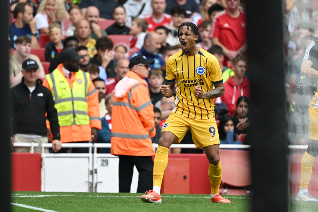 Joao Pedro celebrates scoring for Brighton against Arsenal in the Premier League.