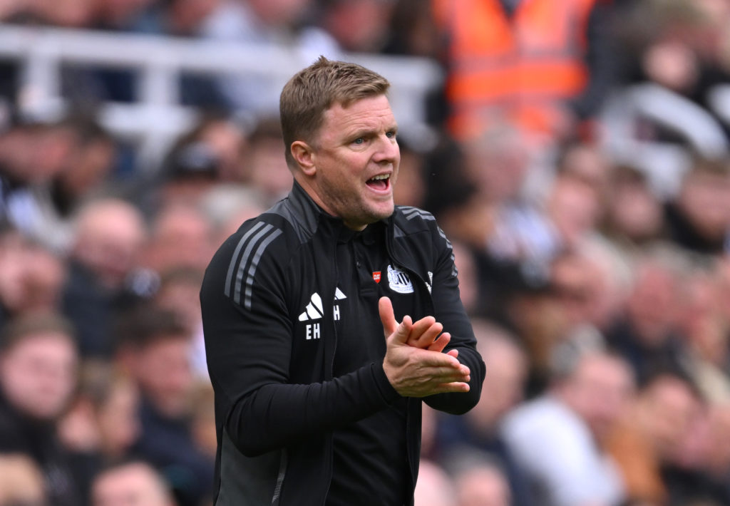 Newcastle United manager Eddie Howe encourages his team during a Premier League game against Manchester City.