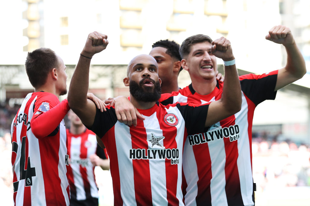 Bryan Mbeumo celebrates scoring for Brentford against Wolves.