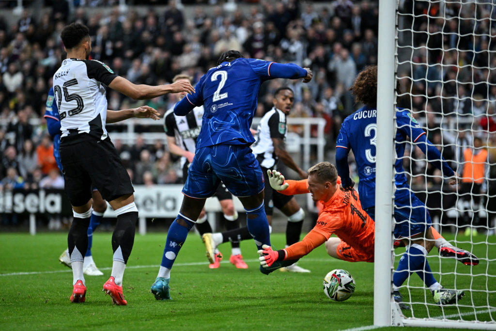Axel Disasi scores an own goal during Newcastle United's 2-0 win over Chelsea in the Carabao Cup.