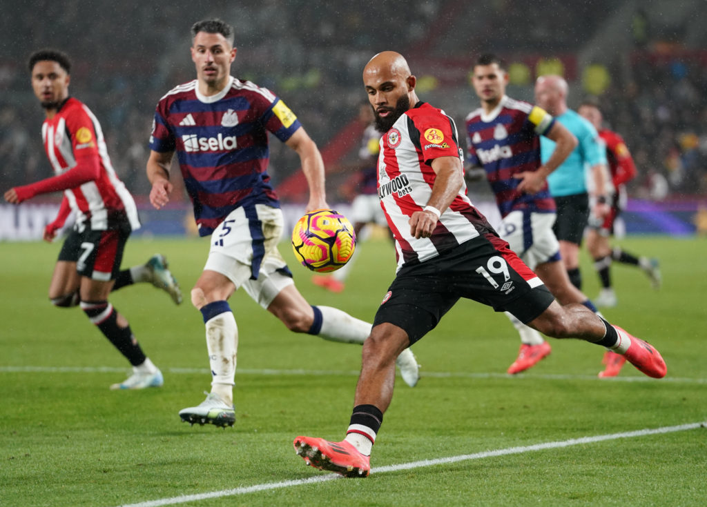 Bryan Mbeumo playing for Brentford against Newcastle United.
