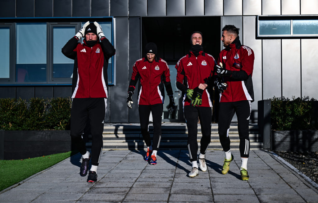 Newcastle United goalkeepers John Ruddy, Mark Gillespie, Odysseas Vlachodimos and Martin Dubravka head out for training.