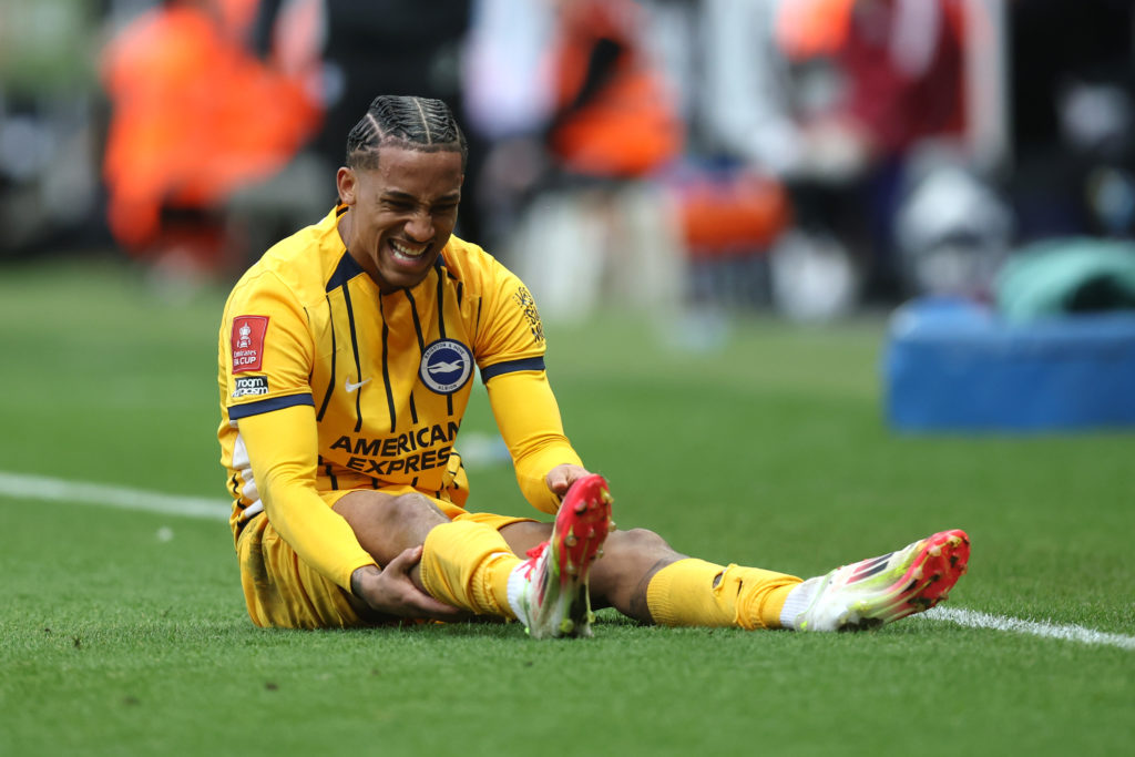 Joao Pedro is down with an injury during Brighton's FA Cup game against Newcastle United at St James' Park.