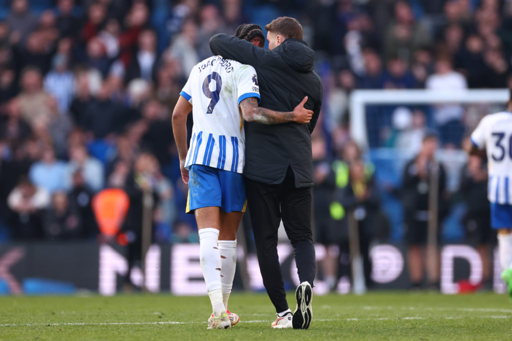 Brighton boss Fabian Hurzeler hugs Joao Pedro after a game between Brighton and Joao Pedro