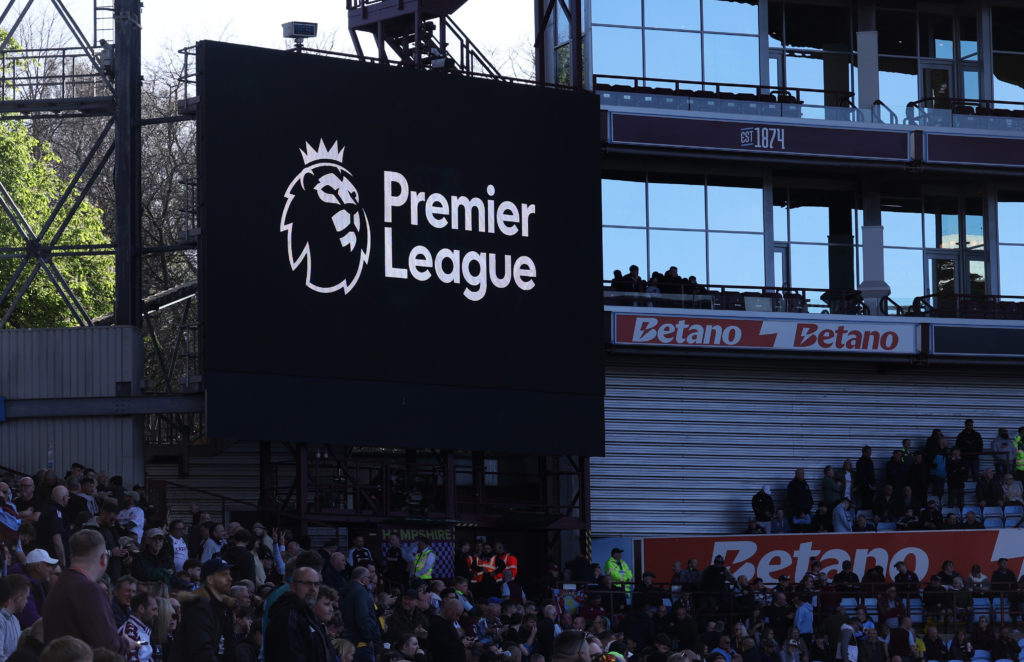The Premier League logo on a screen during a Premier League game between Aston Villa and Nottingham Forest.