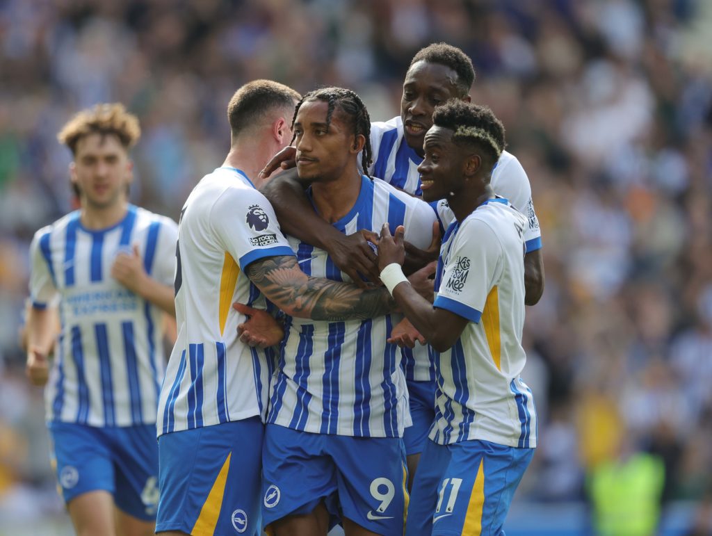 Joao Pedro celebrates scoring for Brighton against Leicester City in the Premier League.