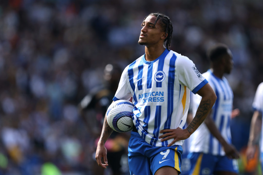 Joao Pedro waits to take a penalty for Brighton against Leicester City in the Premier League.