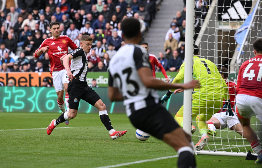 Harvey Barnes scores for Newcastle United against Manchester United in the Premier League.