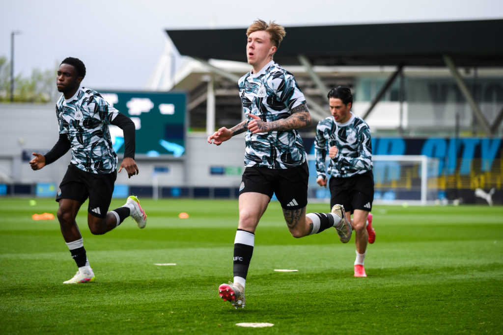 Alfie Harrison warms up before a Premier League 2 game between Manchester City and Newcastle United Under 21s.