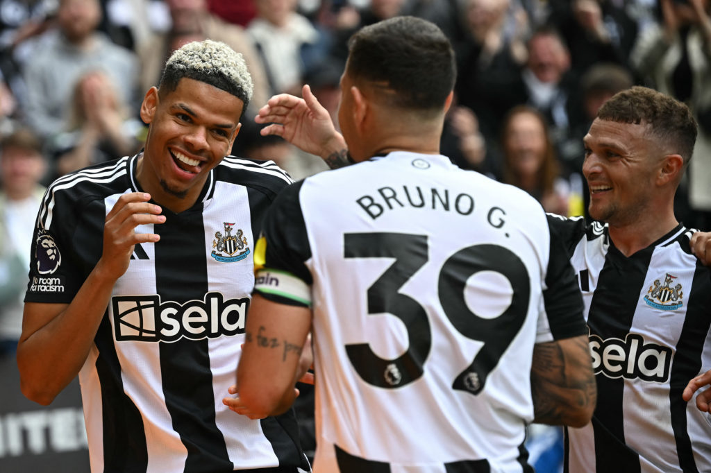 Newcastle United striker Will Osula celebrates with Bruno Guimaraes and Kieran Trippier after scoring his first Premier League goal.