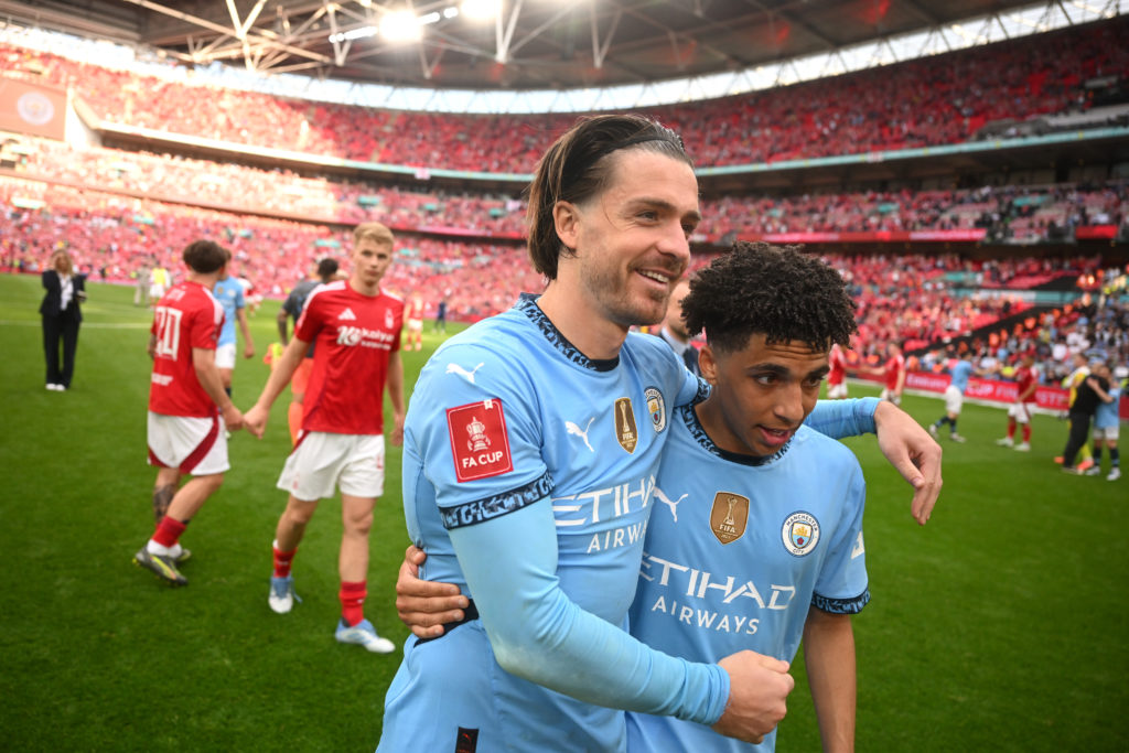 Jack Grealish celebrates after Manchester City beat Nottingham Forest in the FA Cup semi-final at Wembley.