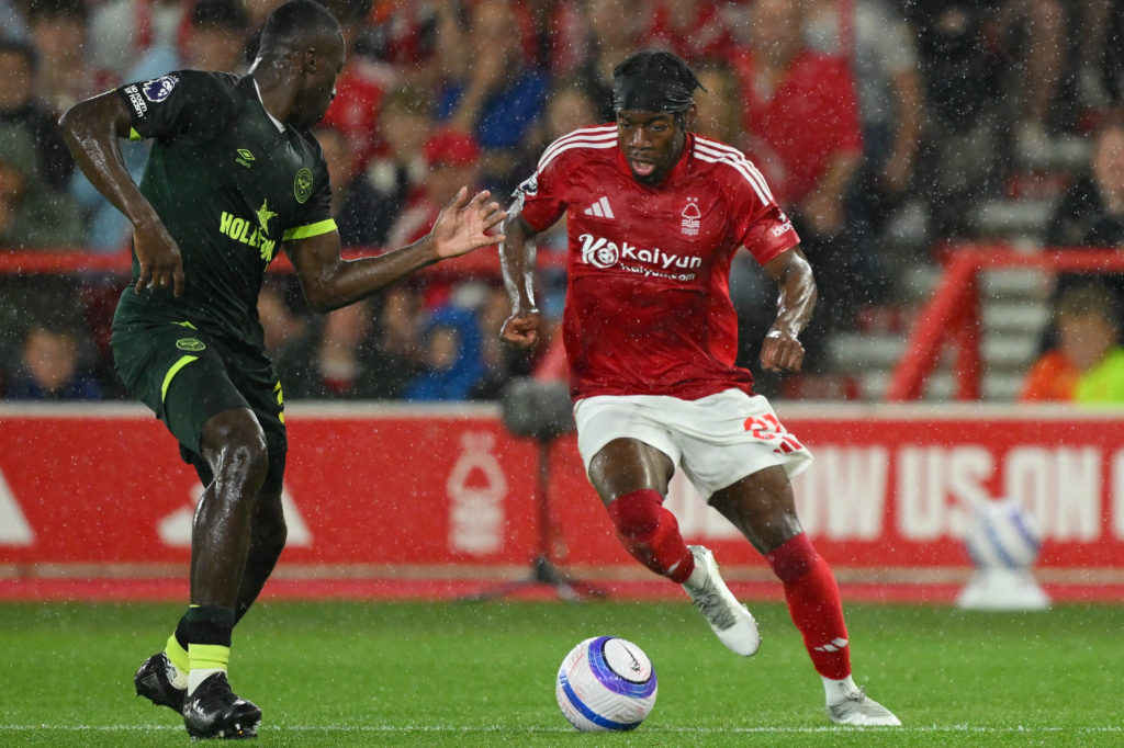 Anthony Elanga runs with the ball during Nottingham Forest vs Brentford in the Premier League.
