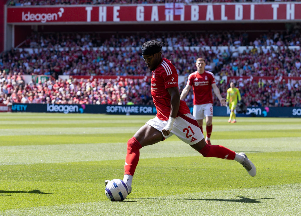 Anthony Elanga prepares to strike the ball during a Premier League game between Nottingham Forest and Leicester City.