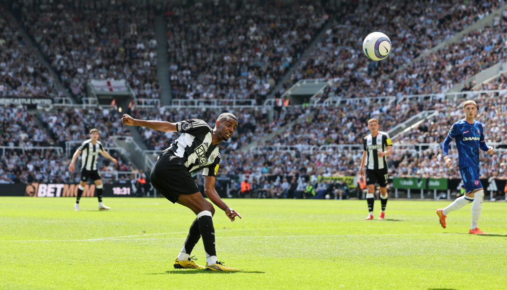 Alexander Isak takes a shot during Newcastle United's Premier League game against Chelsea at St James' Park.