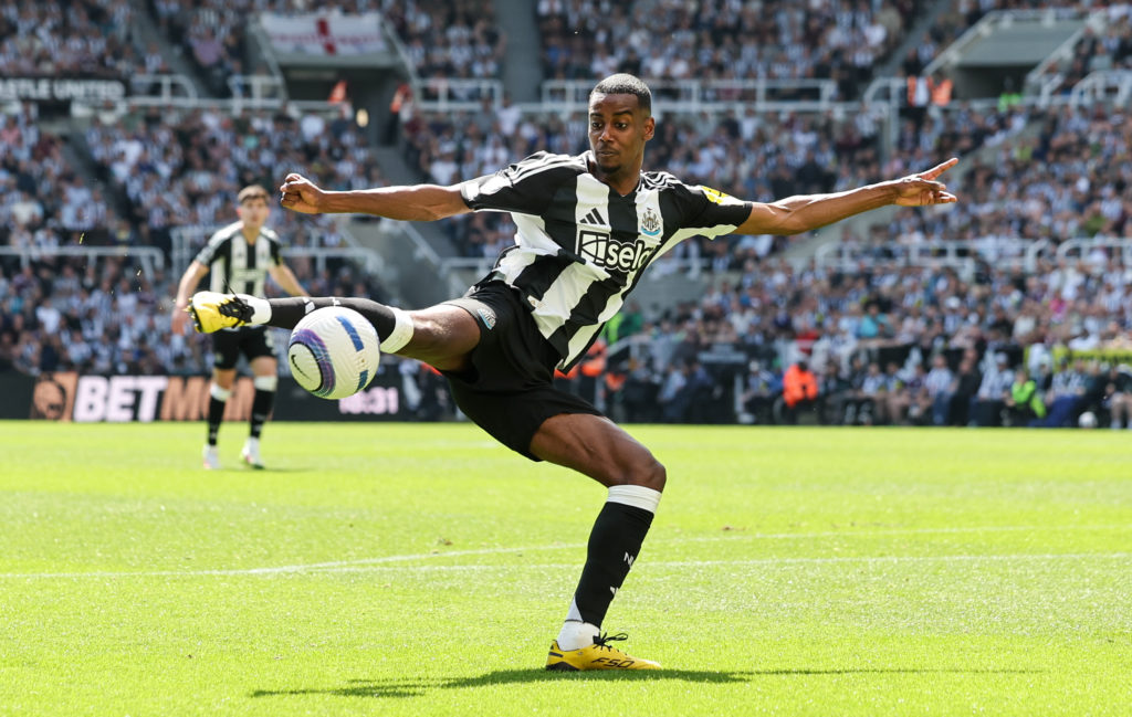 Newcastle United striker Alexander Isak takes a shot during a Premier League game against Chelsea.