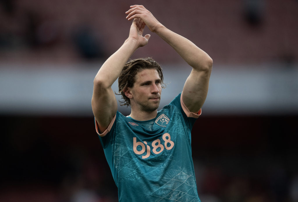 Illia Zabarnyi applauds the Bournemouth fans after beating Arsenal in the Premier League.
