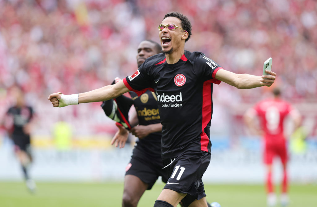 Hugo Ekitike celebrates Eintracht Frankfurt beating Freiburg in the Bundesliga.