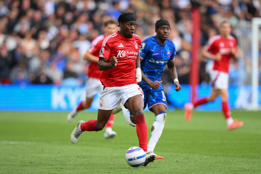 Anthony Elanga runs with the ball during Nottingham Forest's Premier League game against Chelsea.