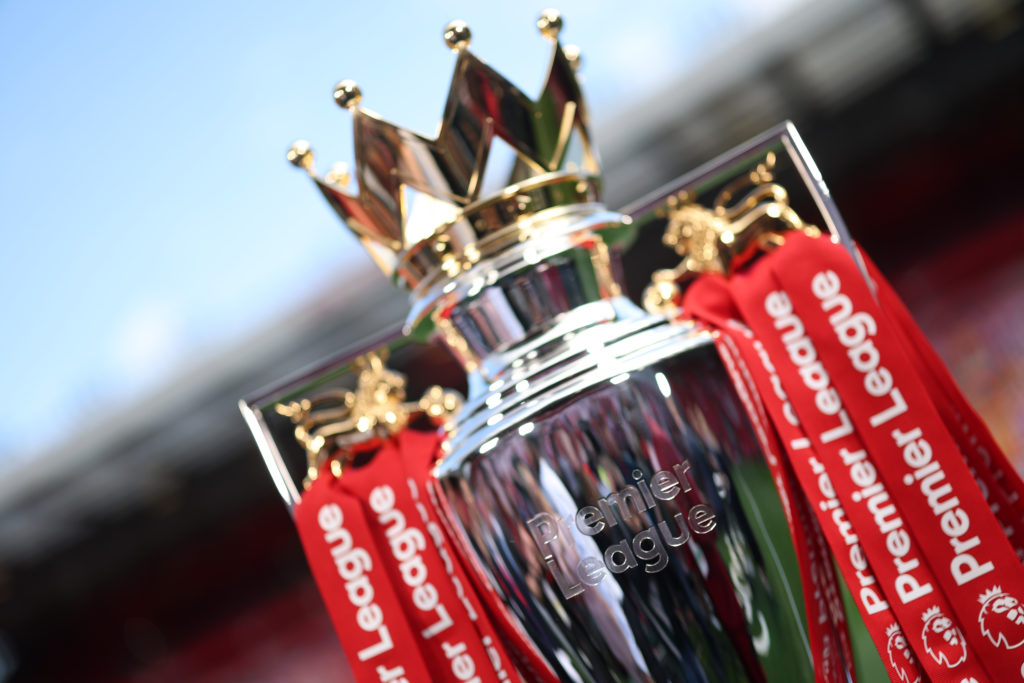 A close view of the Premier League trophy at Anfield before a Premier League game between Liverpool and Crystal Palace.