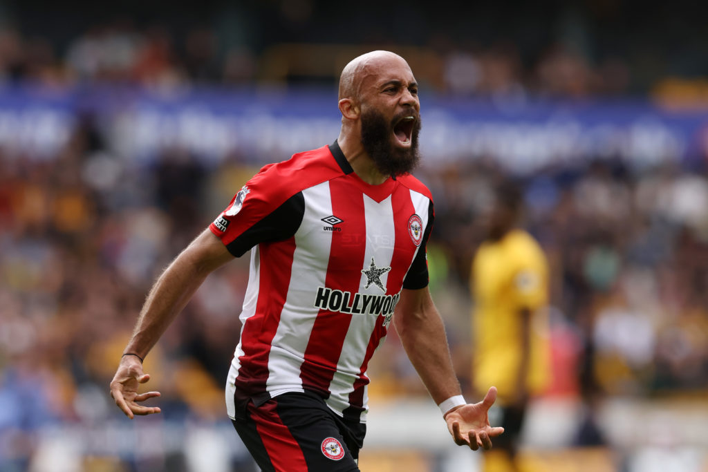 Bryan Mbeumo celebrates after scoring for Brentford in the Premier League against Wolves.