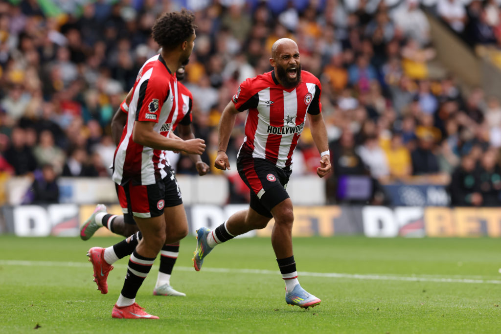 Bryan Mbeumo celebrates scoring a goal for Brentford against Wolves in the Premier League.