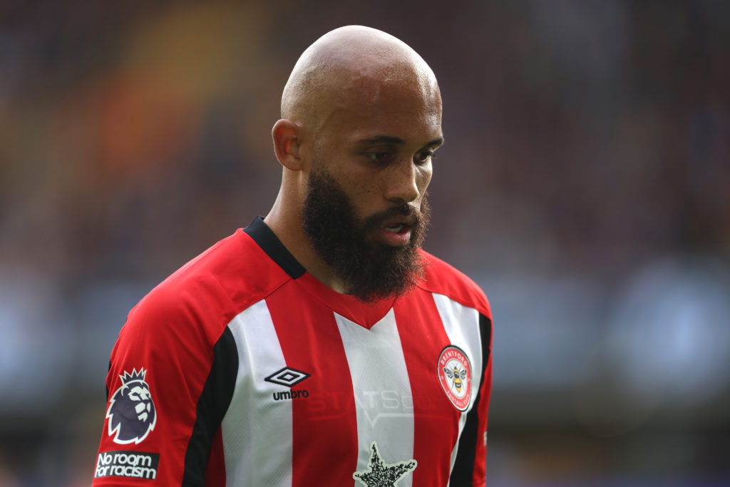 Brentford attacker Bryan Mbeumo looks to the ground during a Premier League game against Wolves.