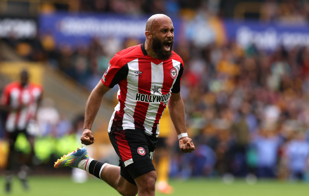 Bryan Mbeumo celebrates scoring for Brentford against Wolves.