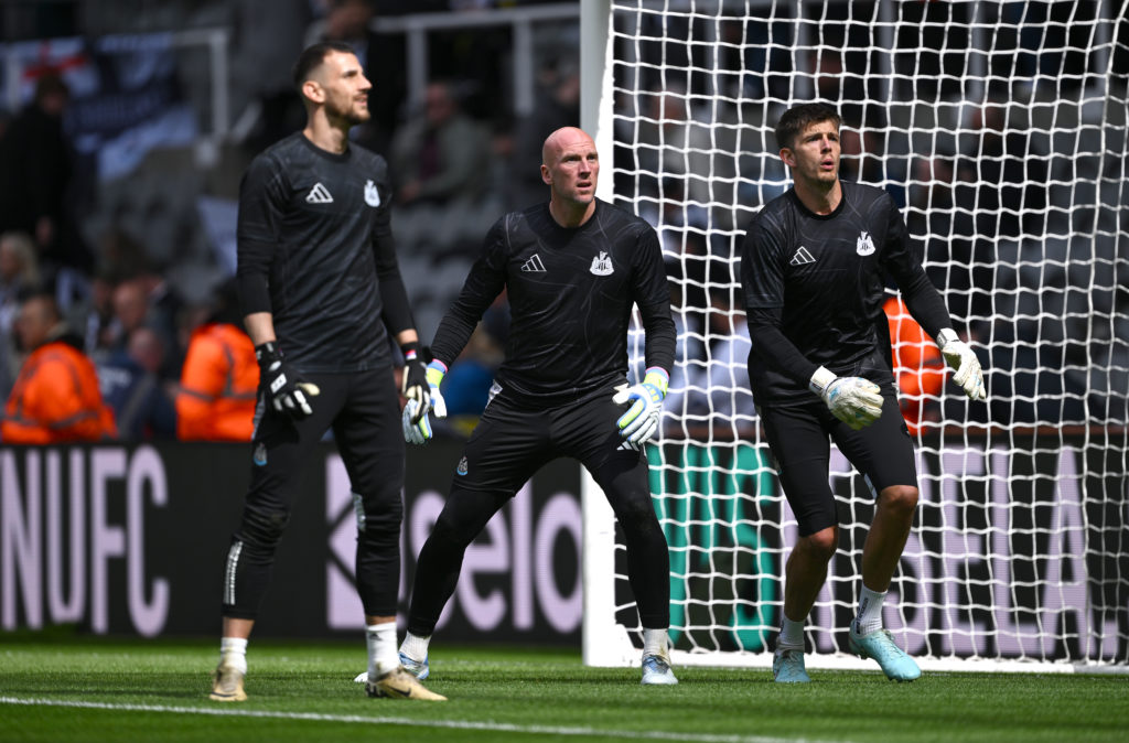 John Ruddy warms up for Newcastle United alongside teammates Nick Pope and Martin Dubravka at St James' Park.