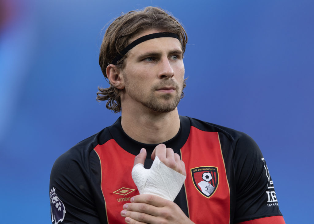 Illia Zabarnyi prepares to play for Bournemouth against Manchester City in the Premier League.