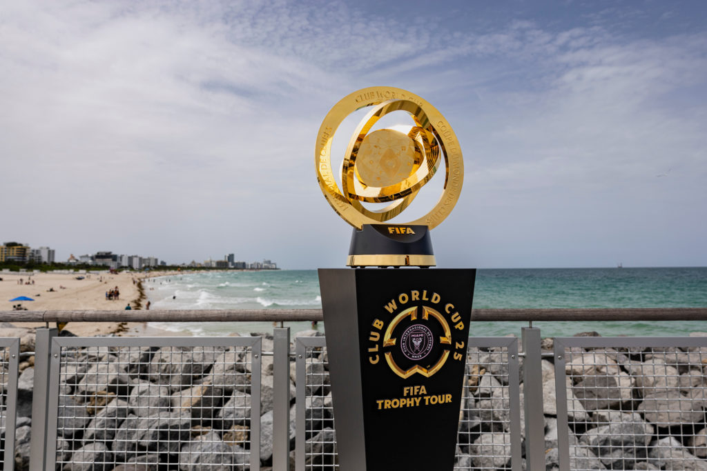 The FIFA Club World Cup trophy on a plinth in Miami.