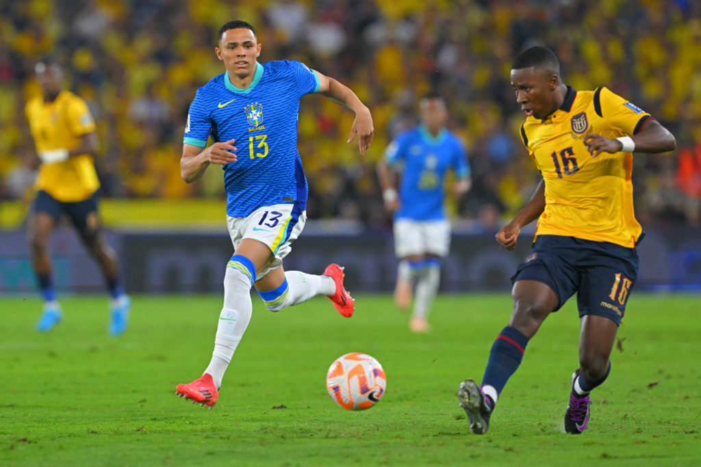 Vanderson (left) challenges for the ball during a game between Brazil and Ecuador.