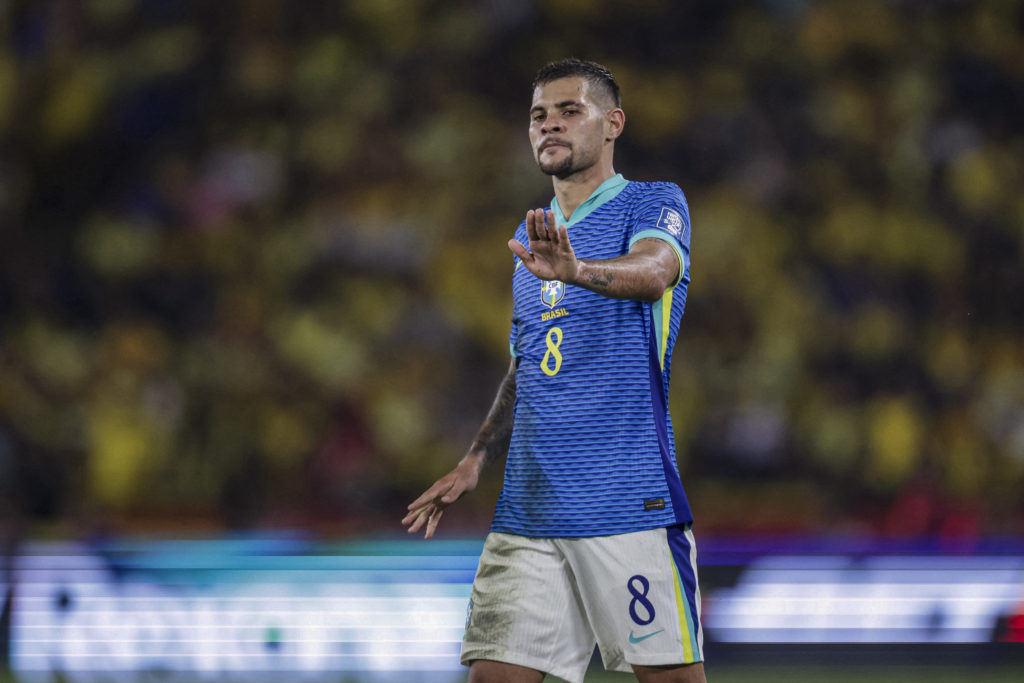 Bruno Guimaraes playing for Brazil against Ecuador in Carlo Ancelotti's first game as manager.