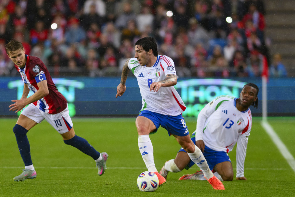 Sandro Tonali playing for Italy against Norway in Oslo.