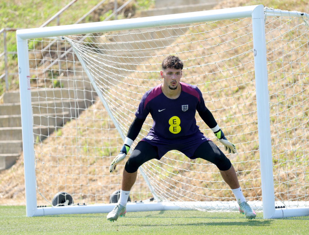 James Trafford sets himself for a shot during international training with England.