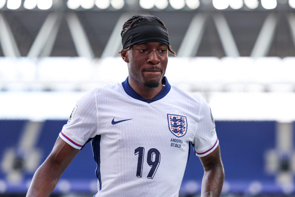 Noni Madueke playing for England against Andorra in a World Cup qualifier.