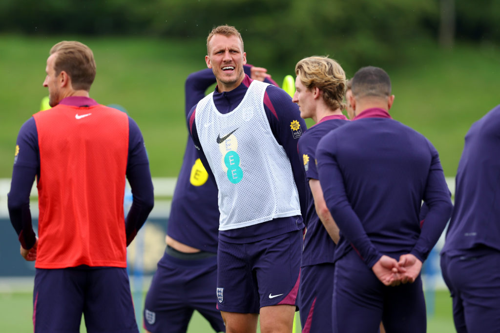 Dan Burn in England training alongside Newcastle United teammate Anthony Gordon.