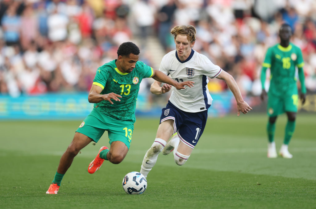 Anthony Gordon playing for England against Senegal in an international friendly.