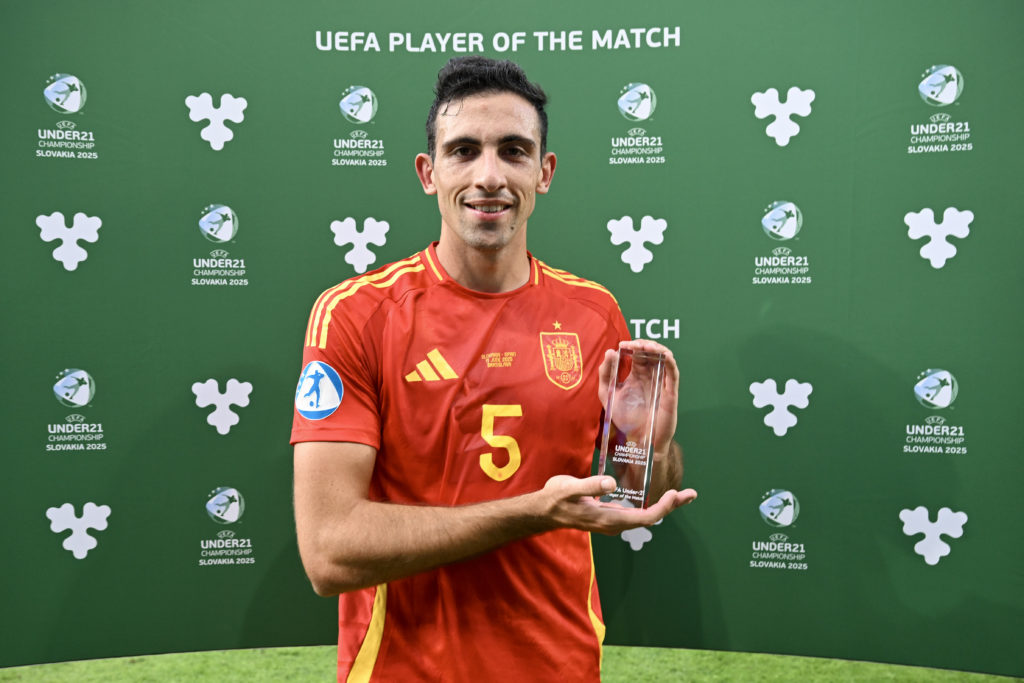 Spain U21 defender Cesar Tarrega poses for a photo with the Player of the Match award after his side beat Slovakia.