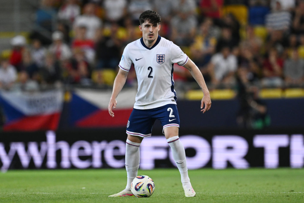 Tino Livramento playing for England U21s against Slovakia U21s.